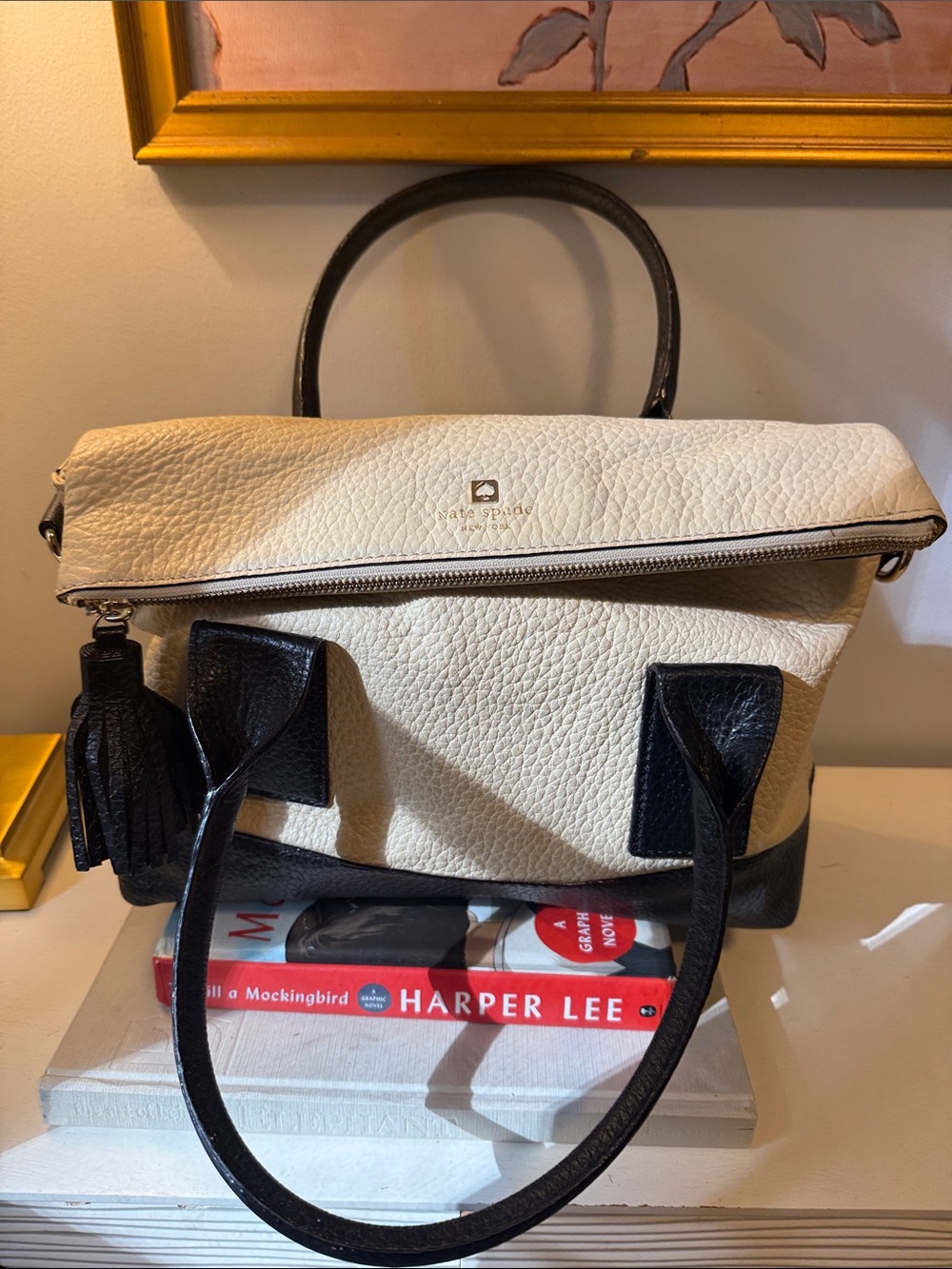 Vintage Kate Spade Cream and Black Pebbled Leather Tote with Tassel